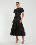 Black High Neck Flutter Sleeve Embellished Midi Dress