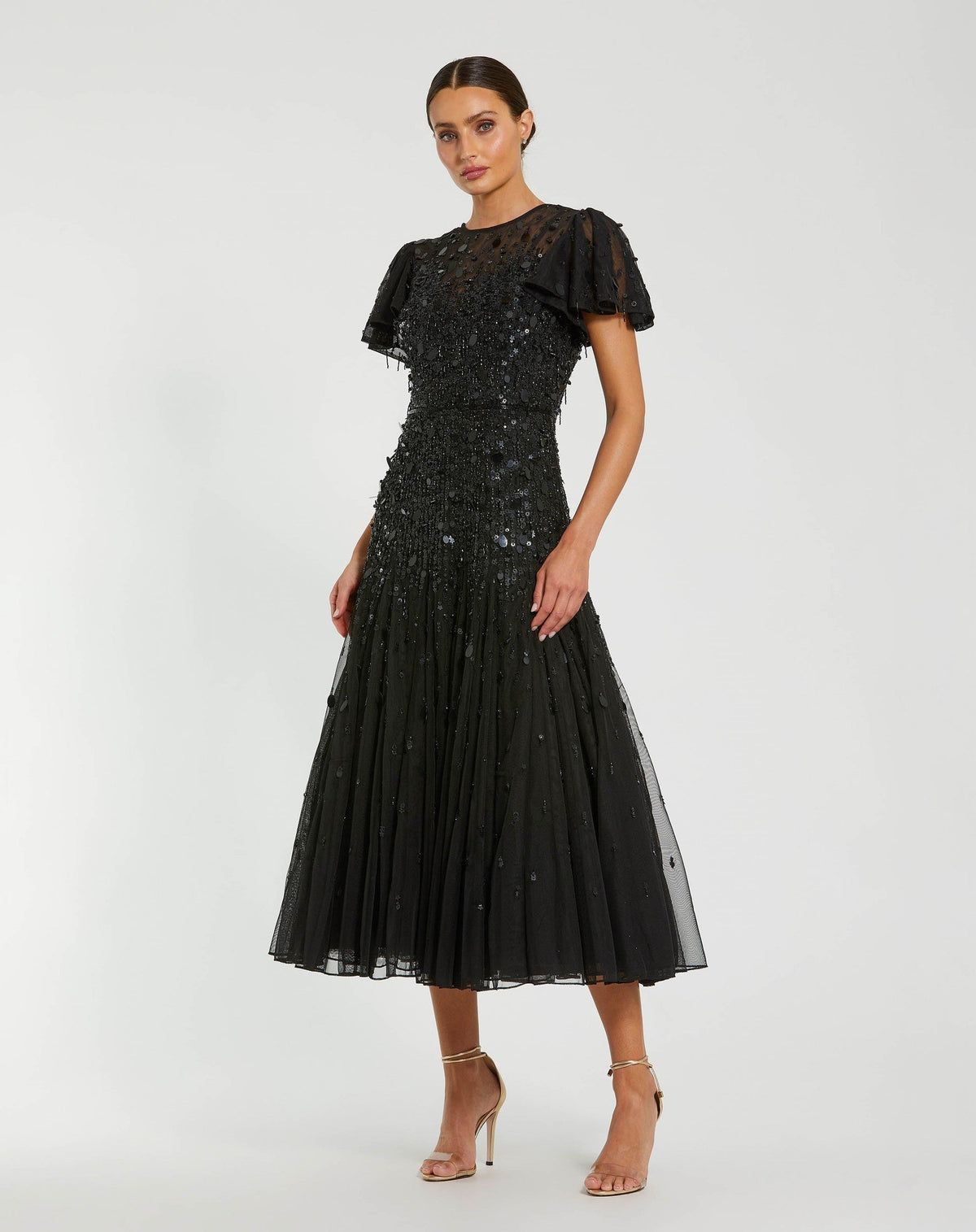 Black High Neck Flutter Sleeve Embellished Midi Dress