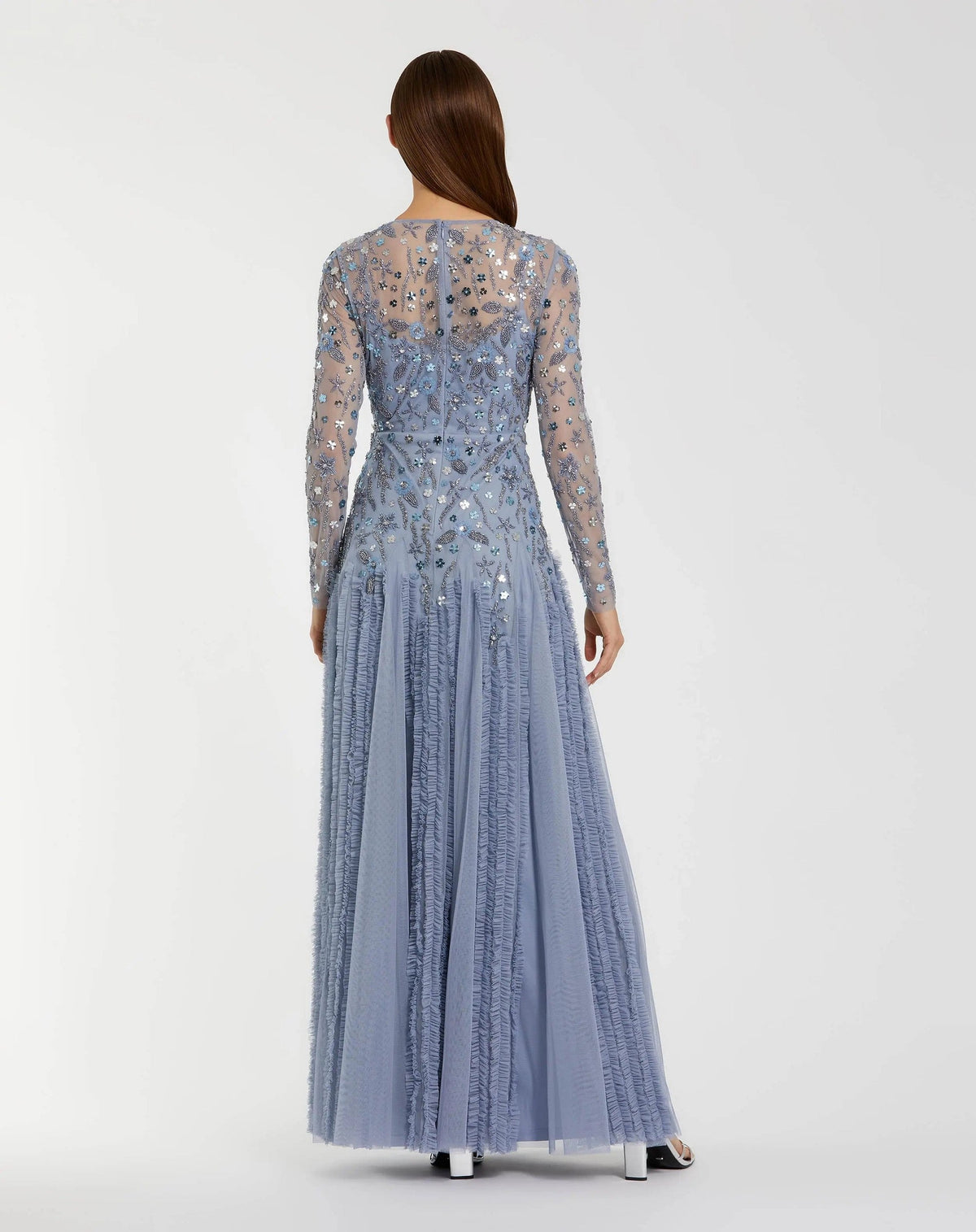 Slate Blue Embellished Long Sleeve Drop Waist Gown