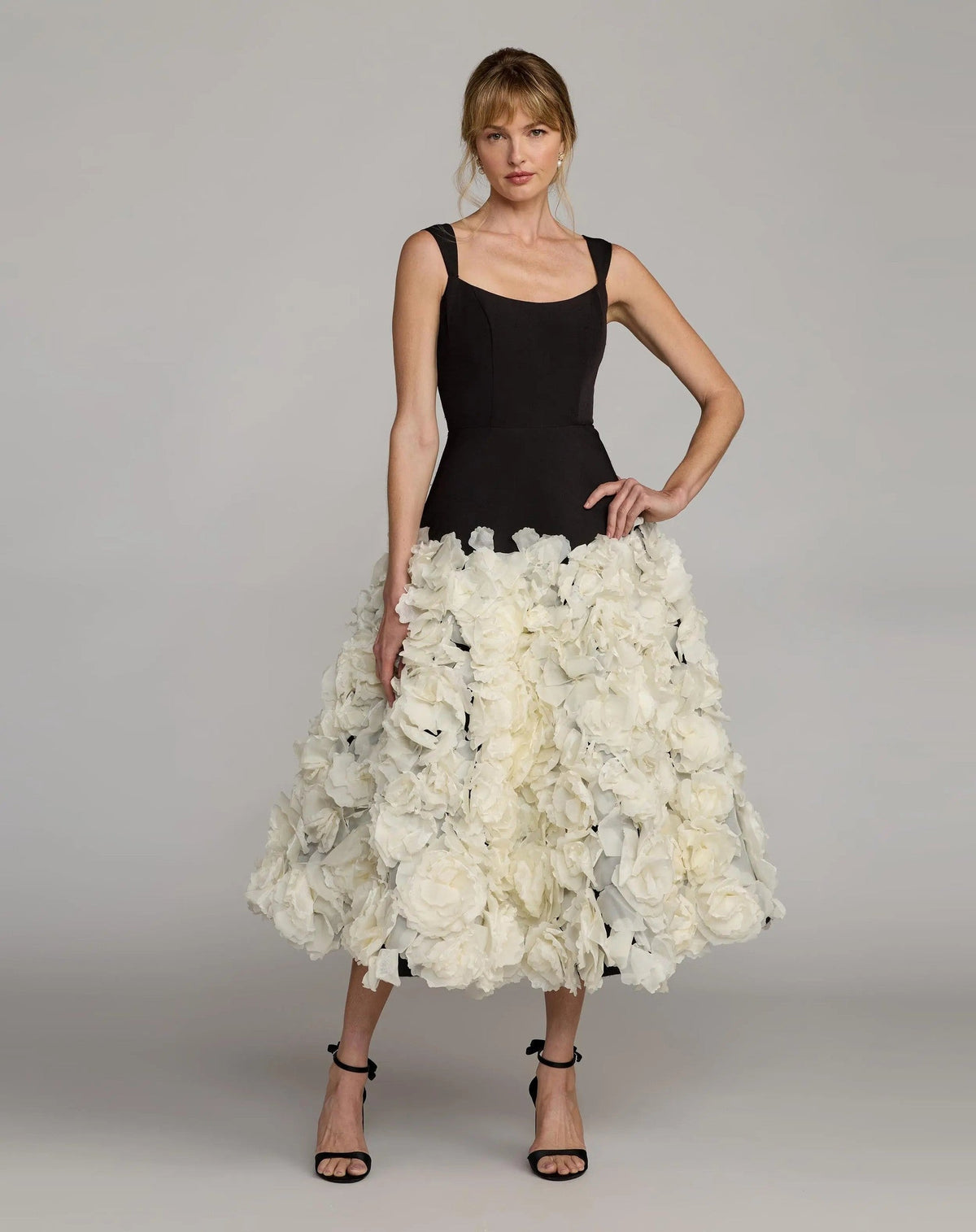 Black Cream Scoop Neck 3D Floral A-Line Midi Dress