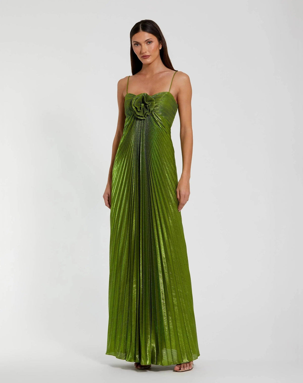 Apple Green Metallic Pleated Gown With 3D Flower
