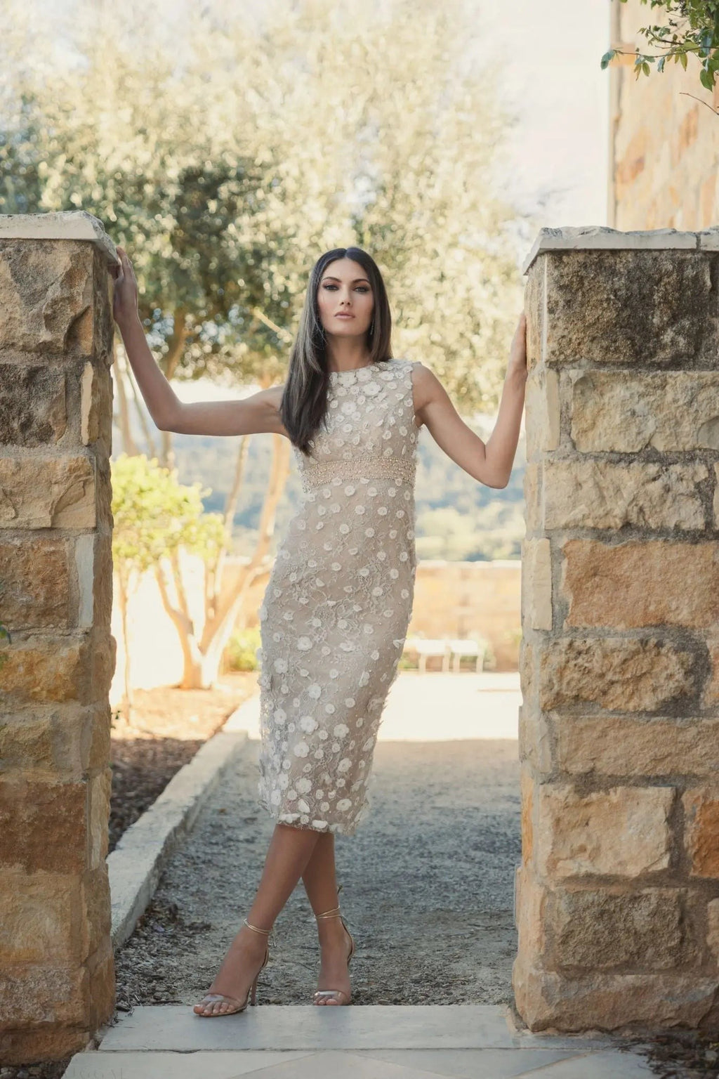 Nude Floral Applique Sleeveless Midi Dress
