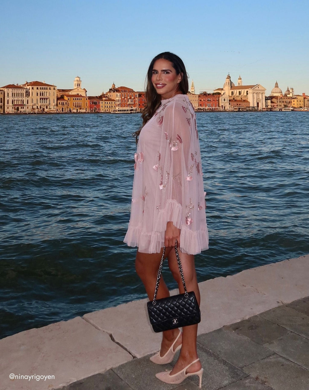 Pink Embellished Long Sleeve Trapeze Dress with Ruffle Hem