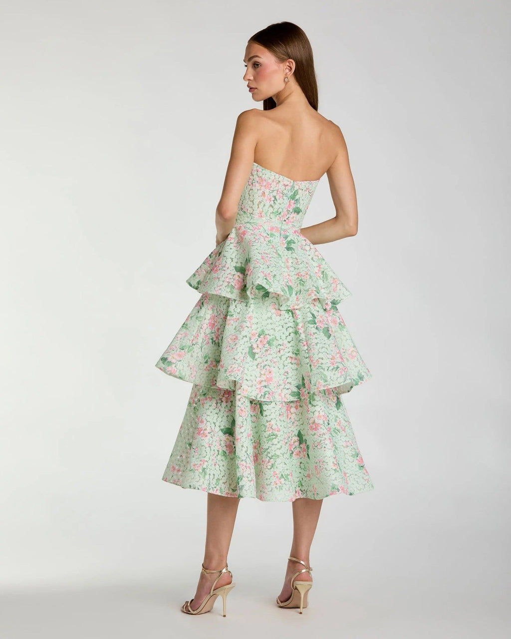 Mint Multi Floral Tiered Strapless Midi Dress