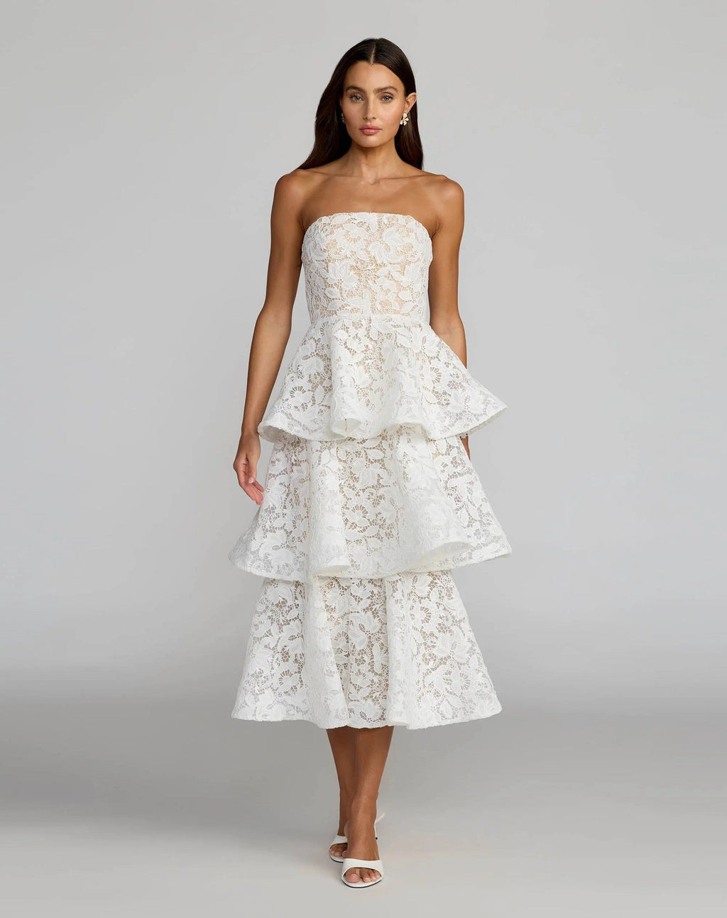 Ivory Strapless Lace Tiered Ruffle Midi Dress