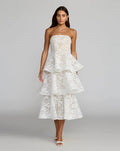Ivory Strapless Lace Tiered Ruffle Midi Dress