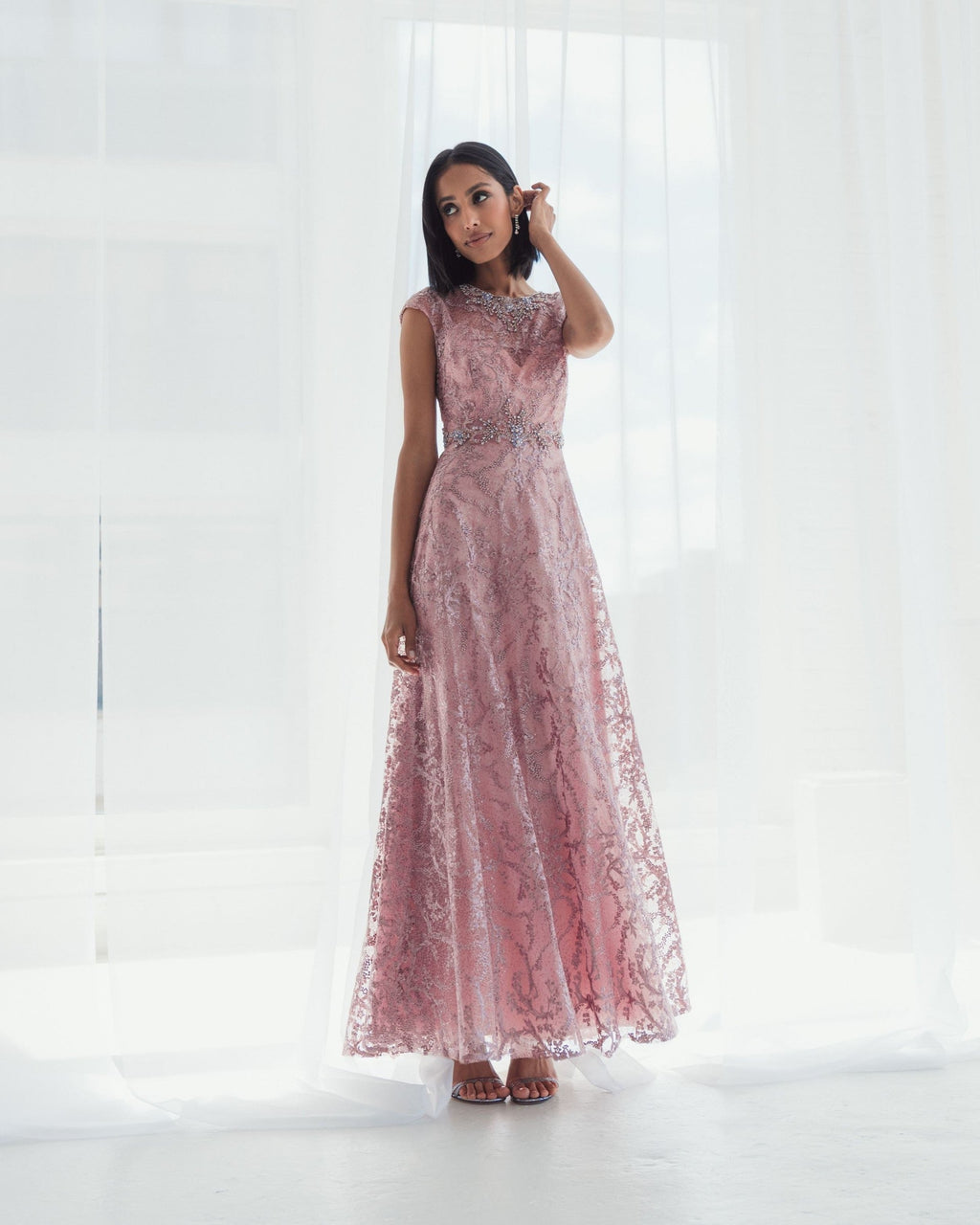 Embroidered Cap Sleeve A Line Gown