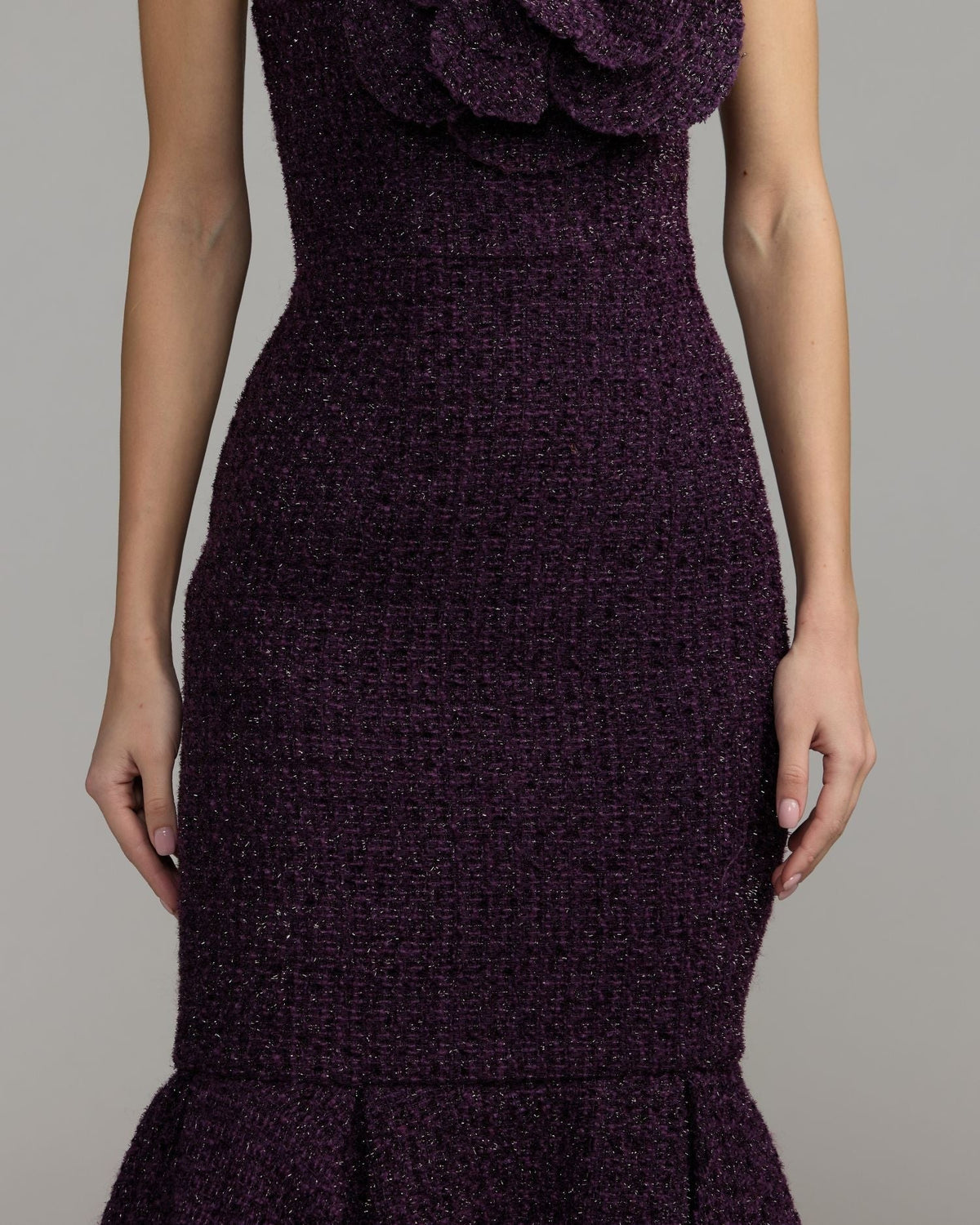 Aubergine Boucle Strapless Midi Dress With 3D Flower