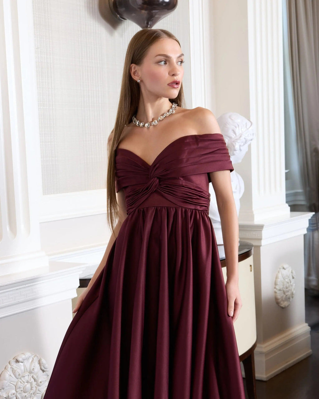 Wine Off The Shoulder Satin A-Line Gown