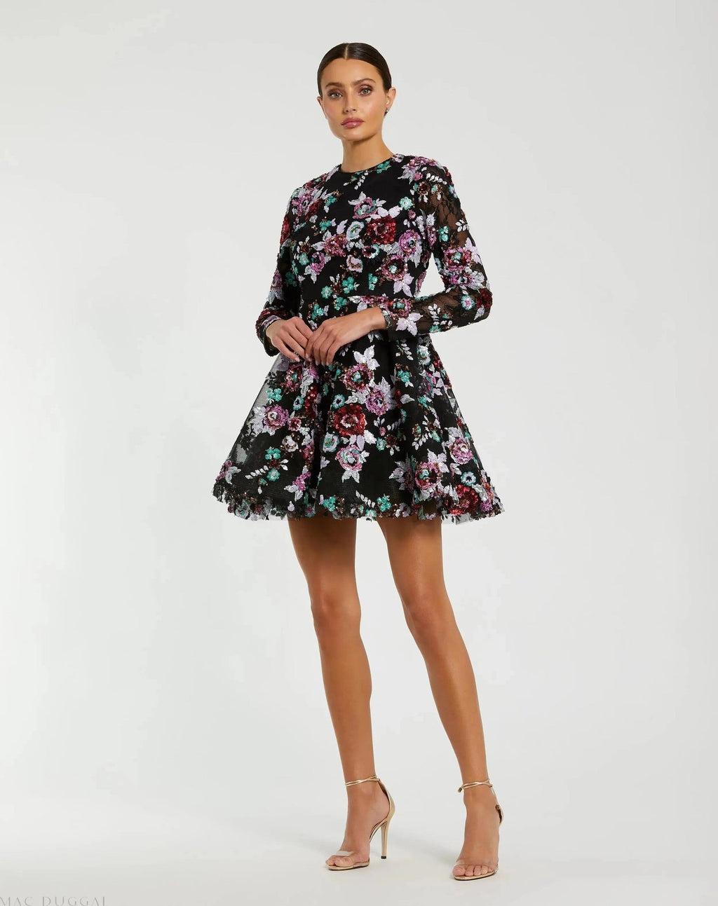 High Neck Long Sleeve Sequin A Line Mini Dress