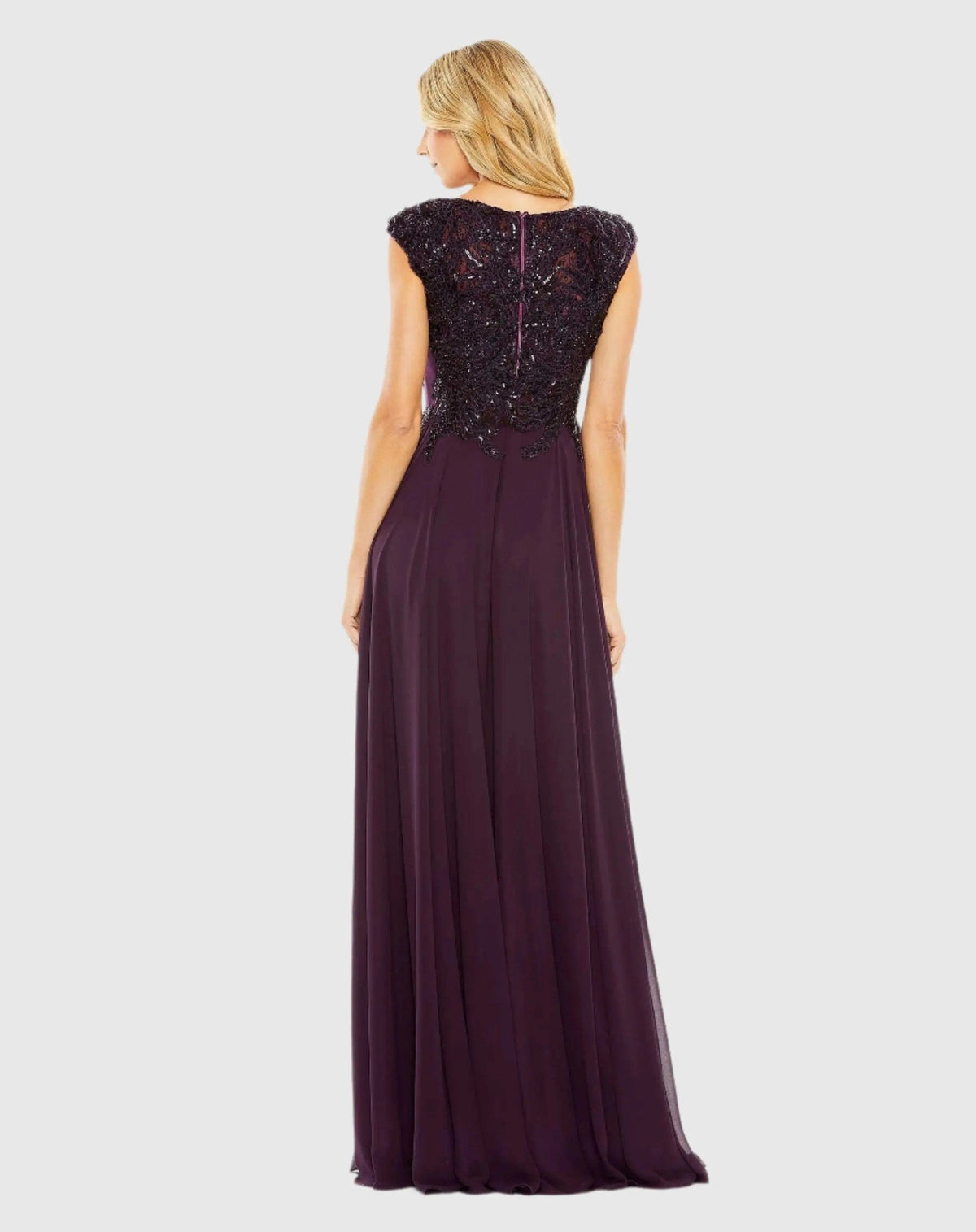 Purple Cap Sleeve Applique Bodice Flowy Gown