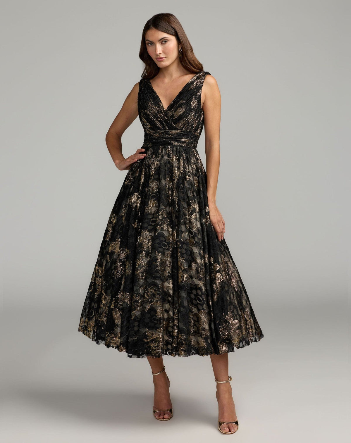 Black Metallic Lace Sleeveless V-Neck Midi Dress