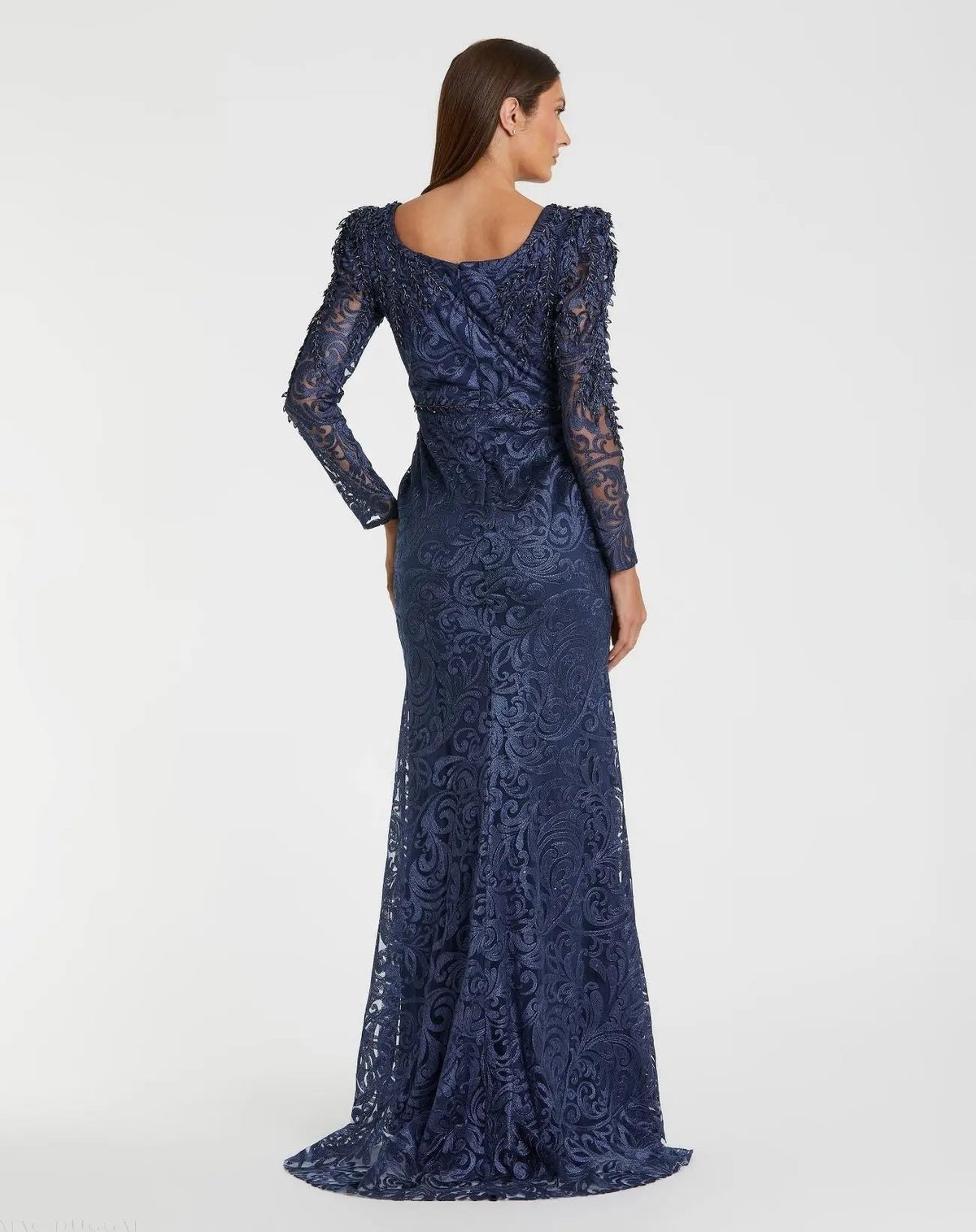 Navy Long Sleeve Embroidered Applique Trumpet Gown - FINAL SALE
