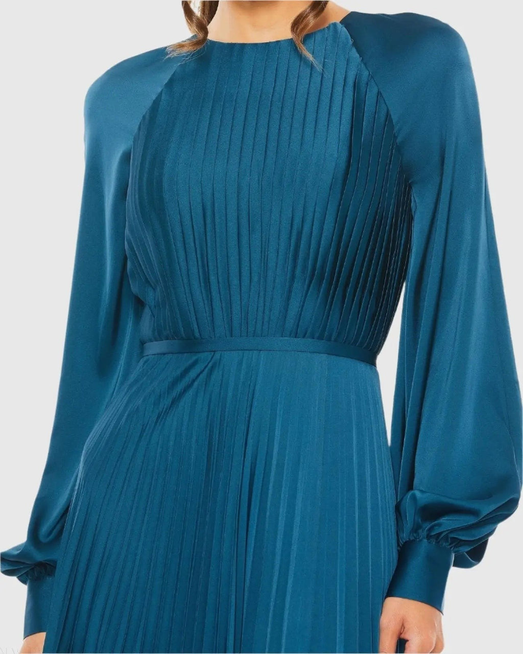 Peacock Pleated High Neck Long Sleeve Gown With Slit