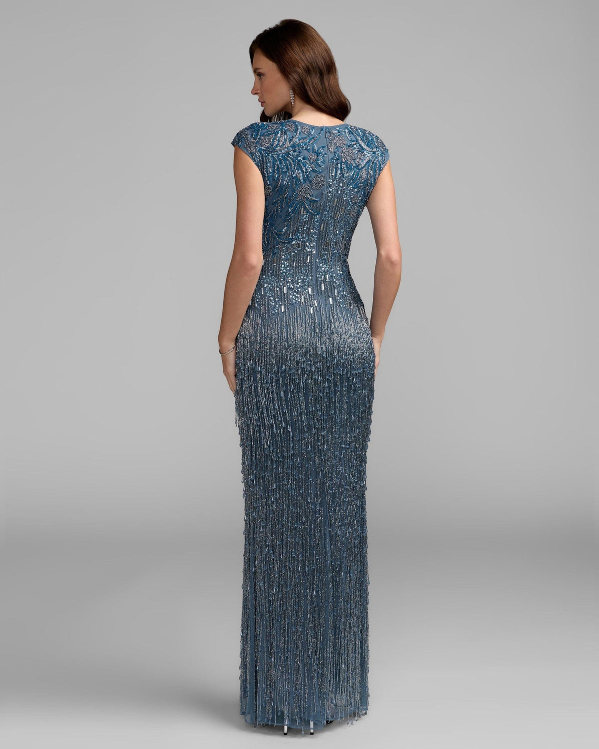 Slate Blue Embellished Cap Sleeve Gown With Fringe Beading