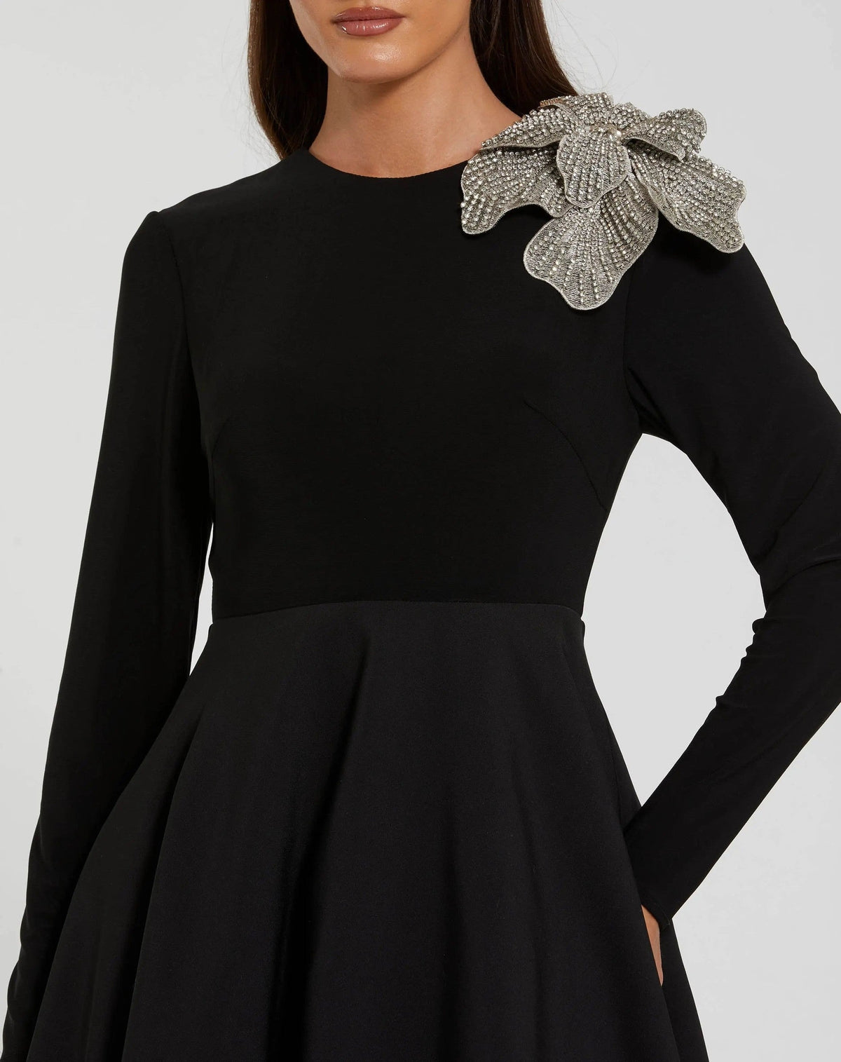 Black Long Sleeve Ball Gown With Rhinestone Flower