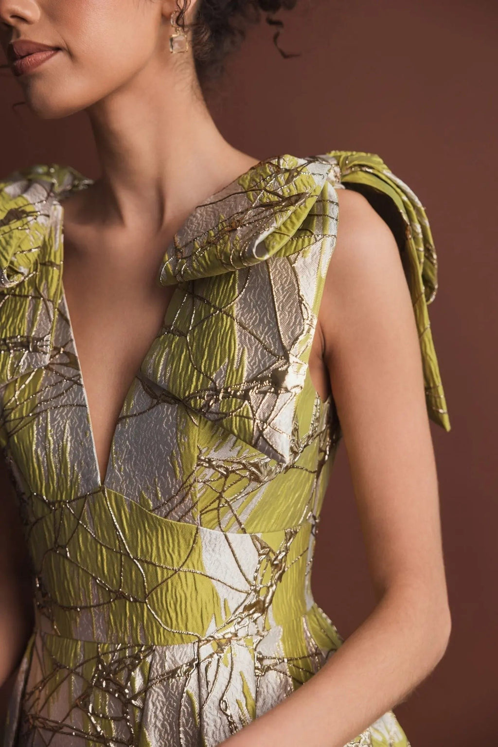 Green Layered Shoulder Bow Metallic A-Line Gown