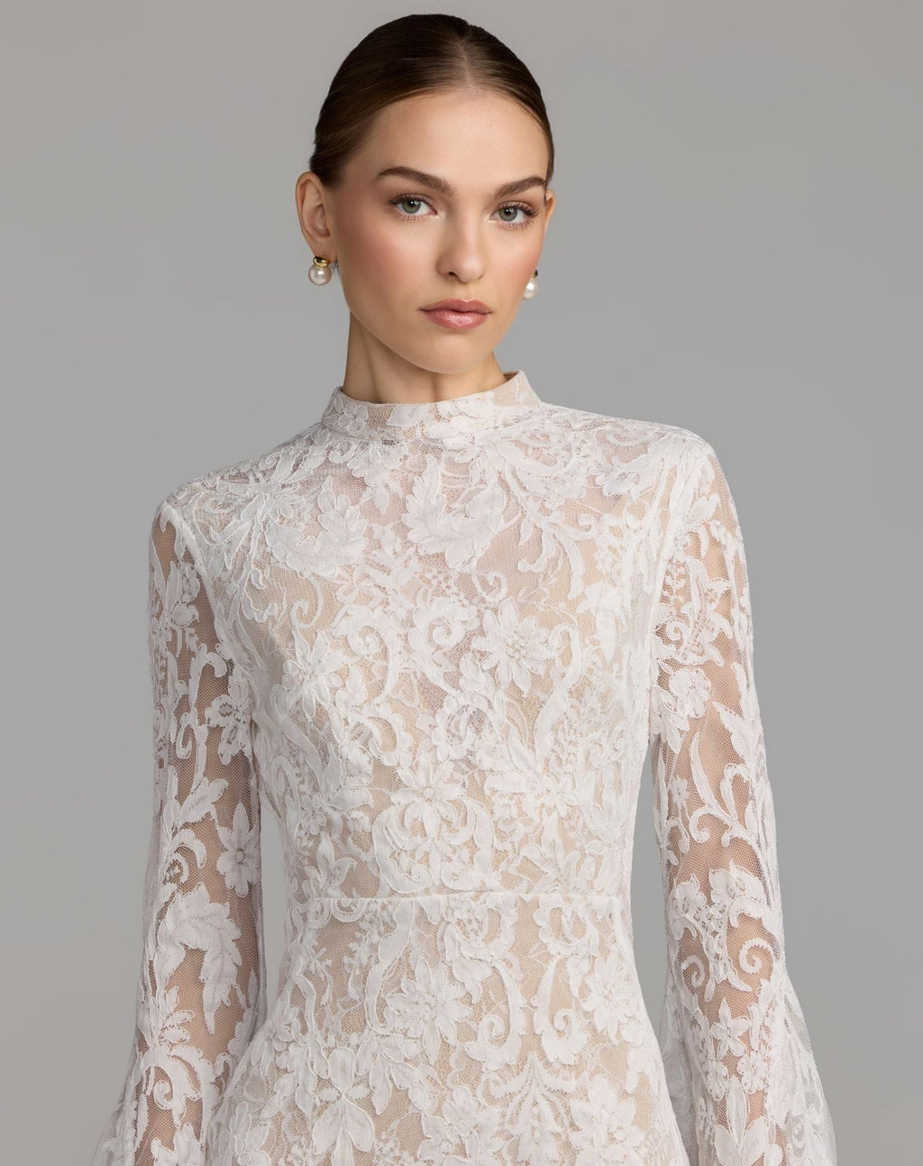 Petite Ivory Nude Mock Neck Long Sleeve Lace Gown