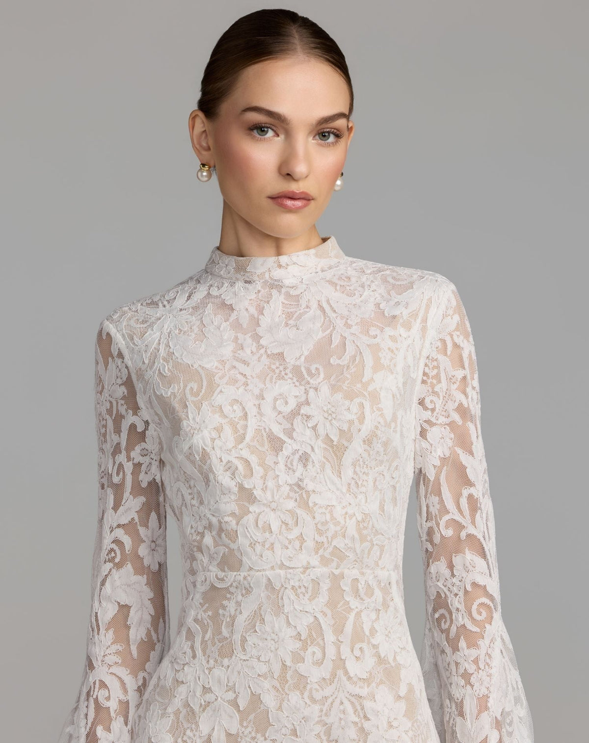 Petite Ivory Nude Mock Neck Long Sleeve Lace Gown