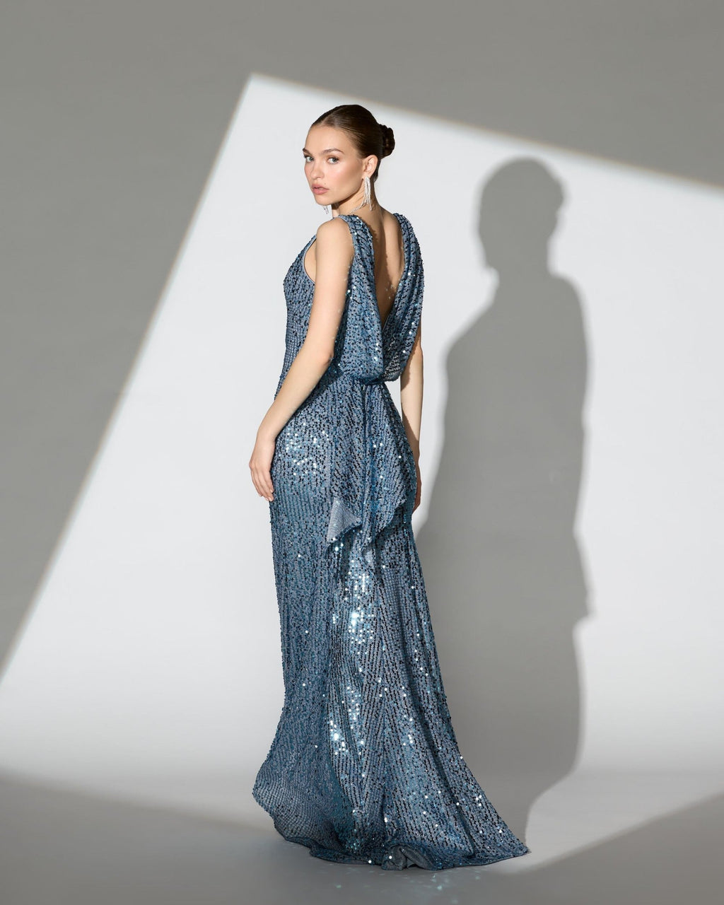 Fusion Blue Sleeveless Cowl Back Sequin Evening Gown