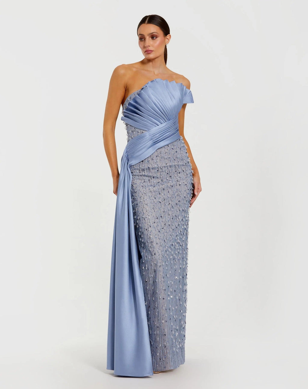 Fusion Blue Beaded Lace Column Gown with Satin Sash