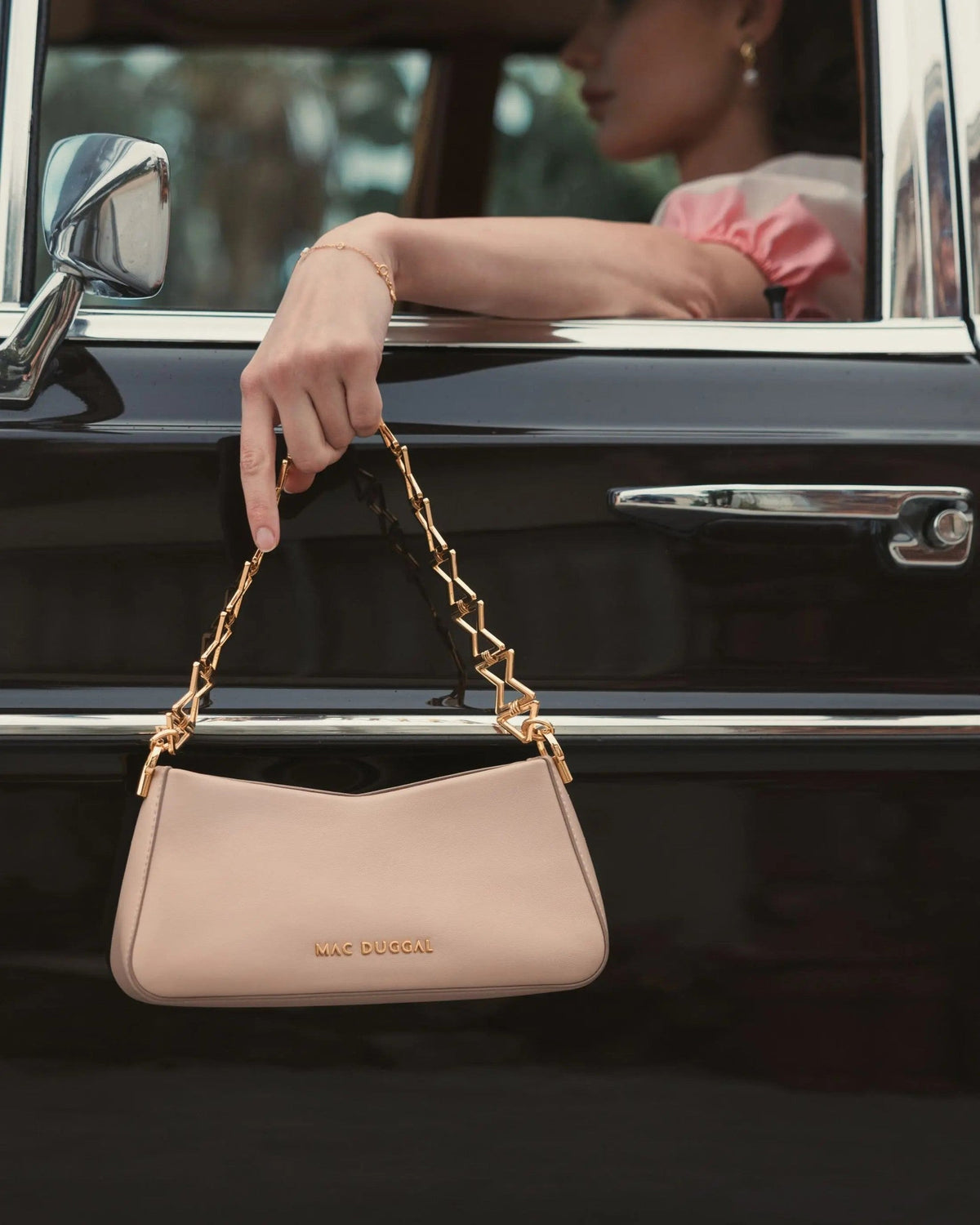 Beige Small Leather Shoulder Bag with Gold Chain