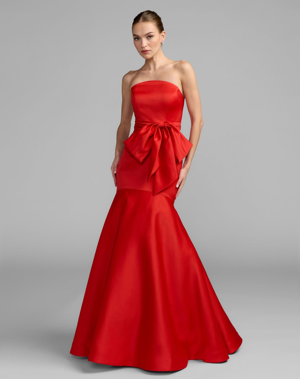 Red Strapless Satin Mermaid Gown with Oversize Bow