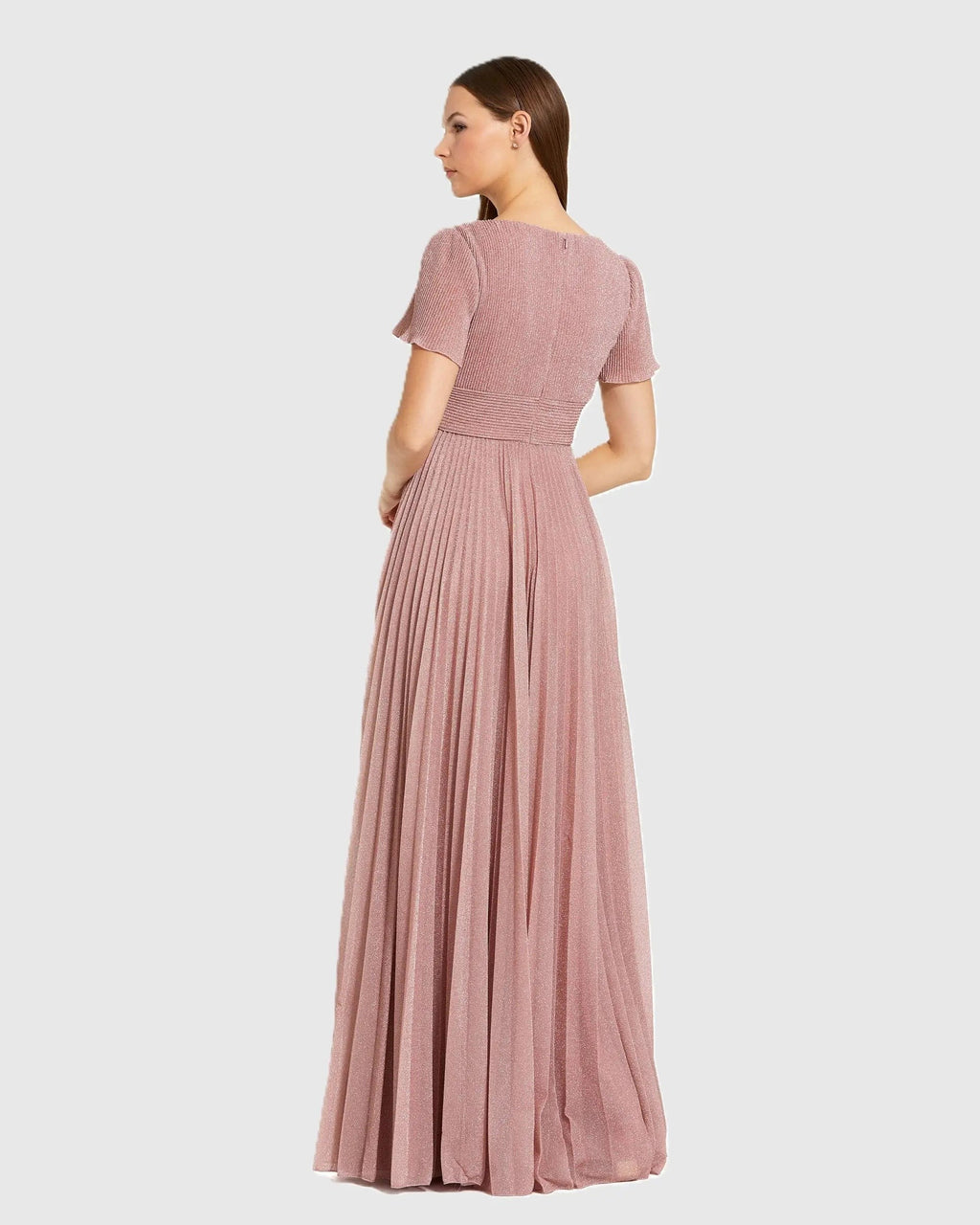 Dusty Rose Pleated Metallic Flutter Sleeve A Line Gown