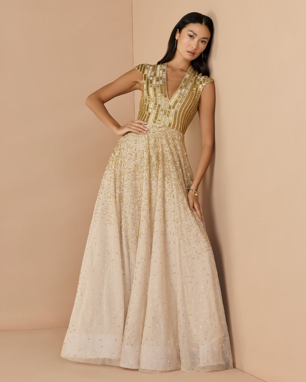 Gold V-Neck Beaded Tulle A-Line Gown