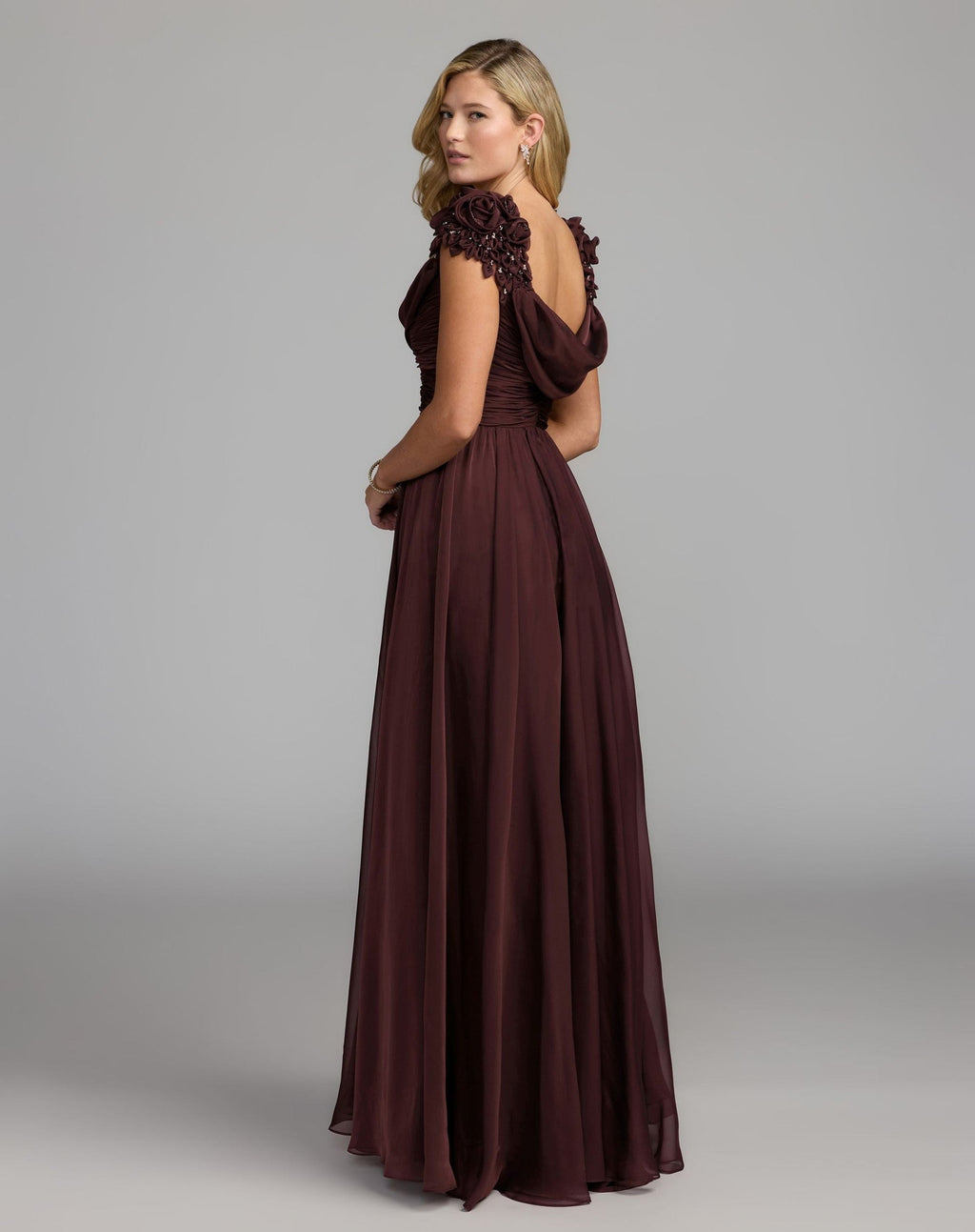 Amethyst Chiffon Cowl Neck Embellished Cap Sleeve Gown