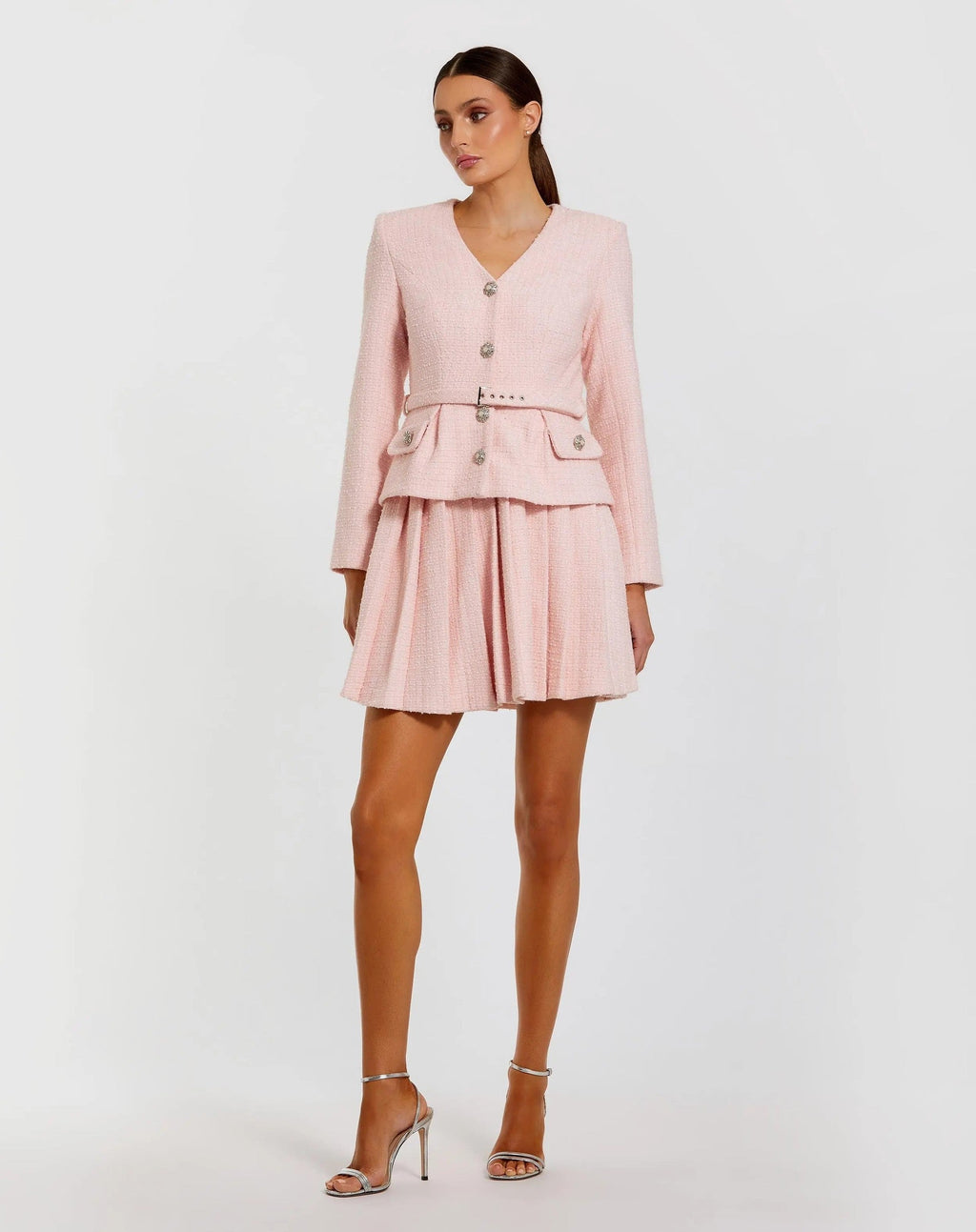 Blush Boucle Long Sleeve V-Neck Mini Dress
