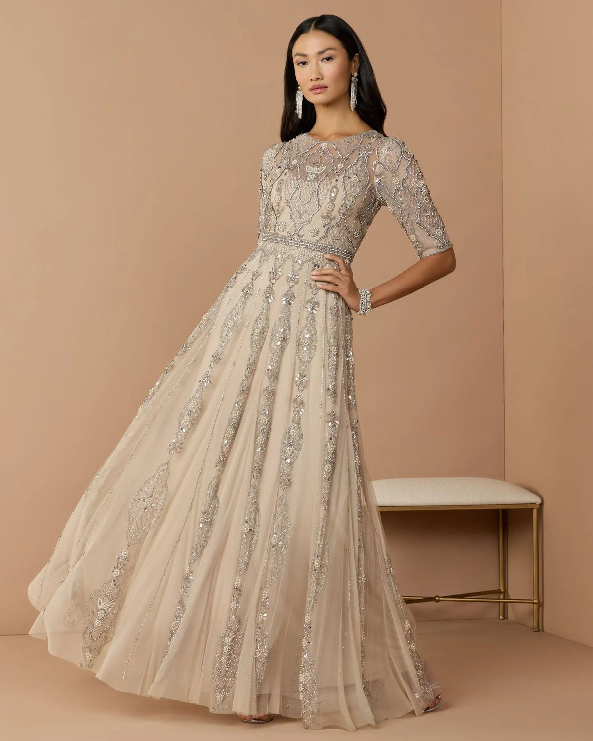 Vintage Lilac 3/4 Sleeve Embellished A-line Gown