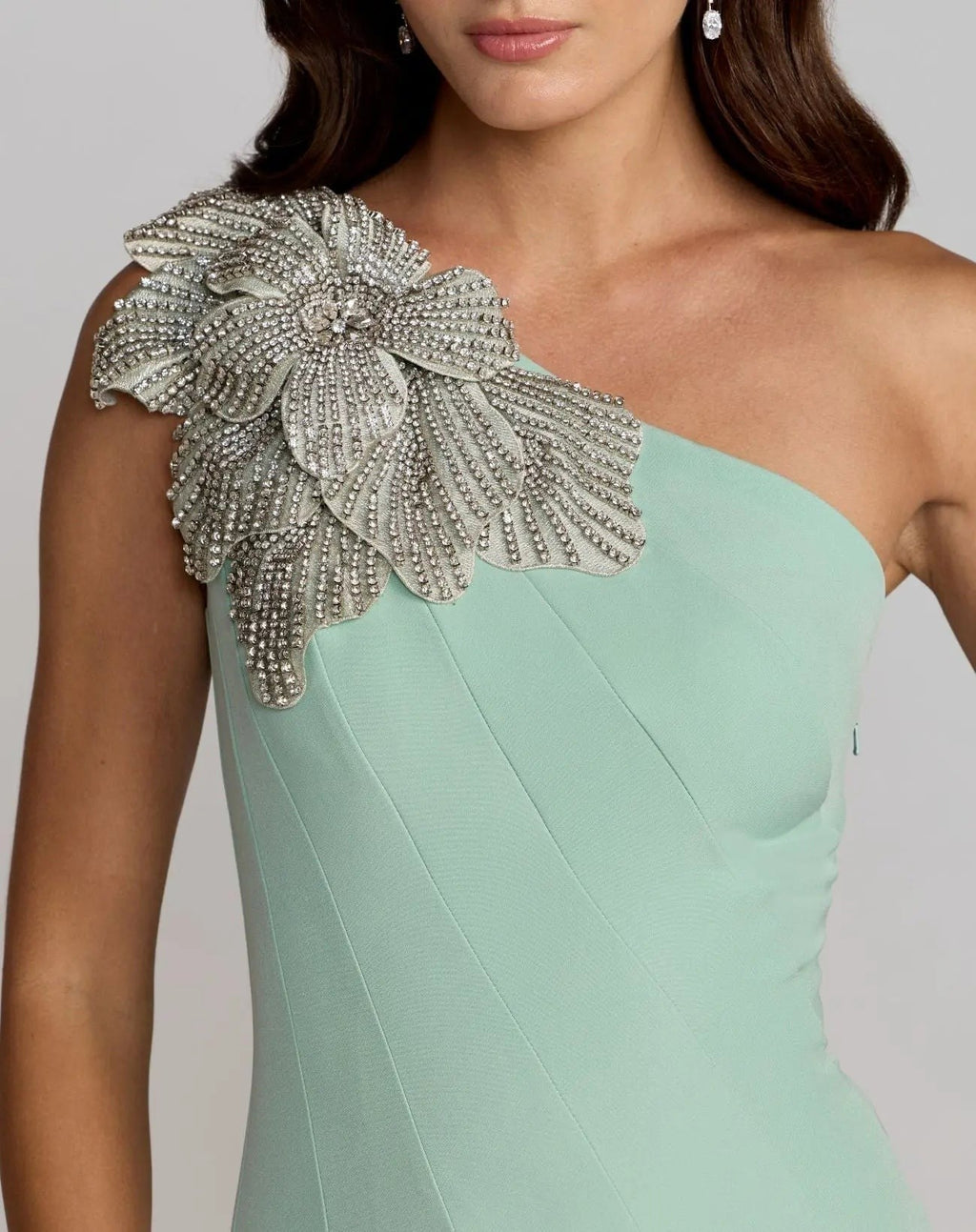 Sage Crepe One Shoulder Midi Dress With 3D Flower