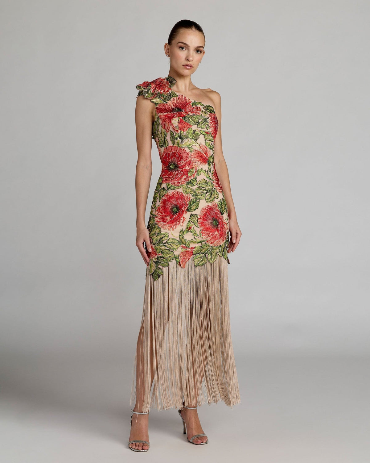 Beige Embroidered One Shoulder Dress With Fringe Hem