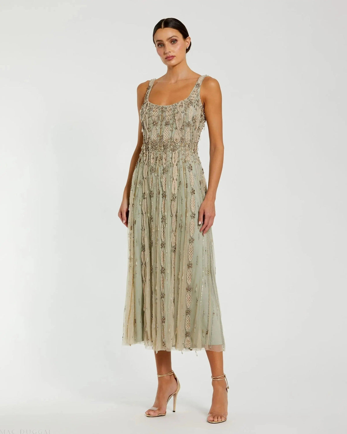 Nude Sage Sleeveless Scoop Neck Embellished Midi Dress