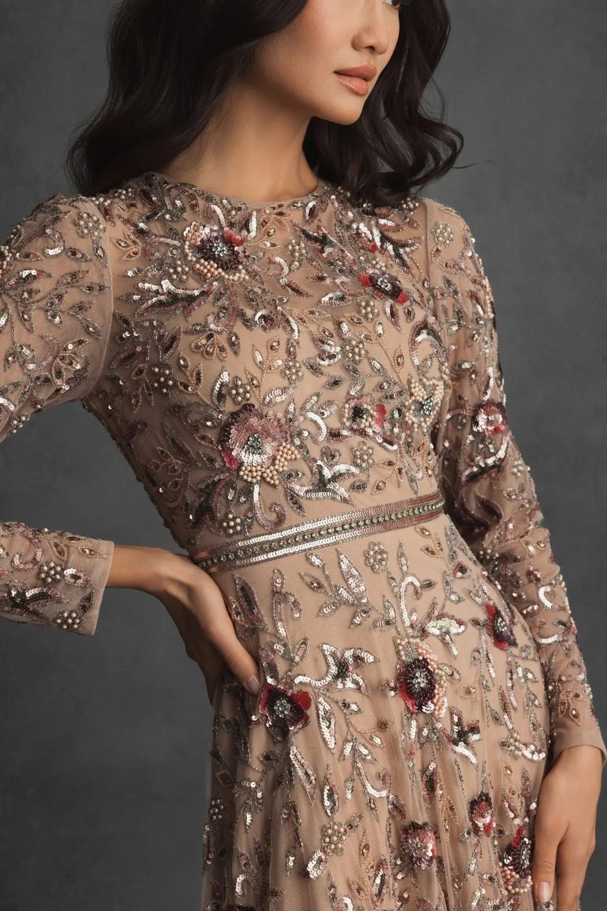 Beige Long Sleeve Floral Embellished A-line Gown