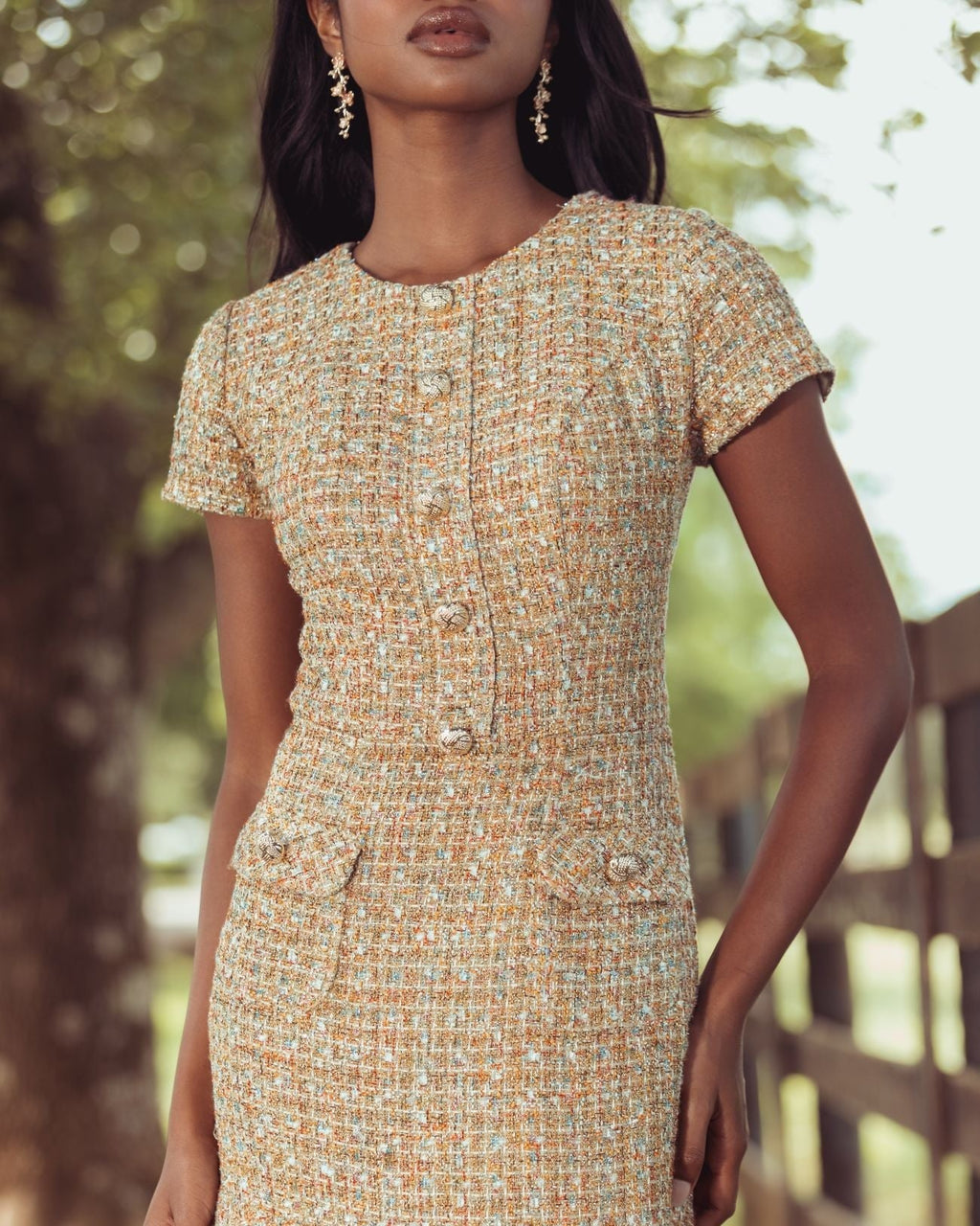 Beige High Neck Short Sleeve Boucle Midi Dress