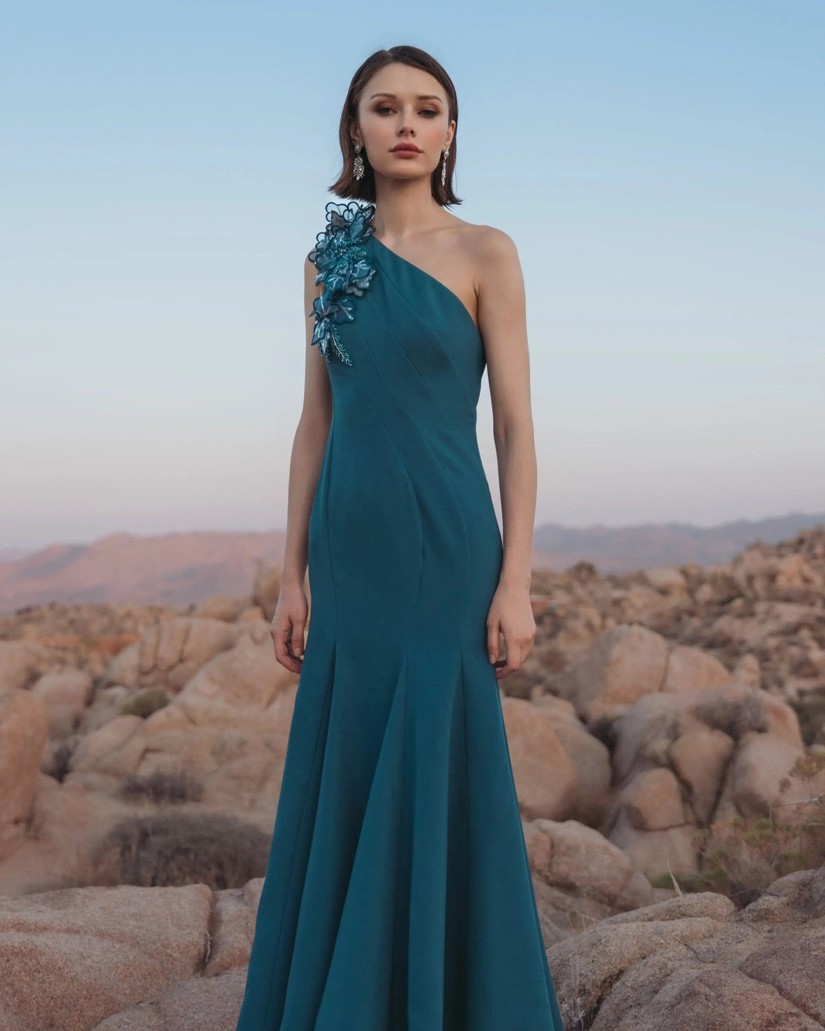 Ocean Blue One Shoulder Mermaid Gown With 3D Flowers