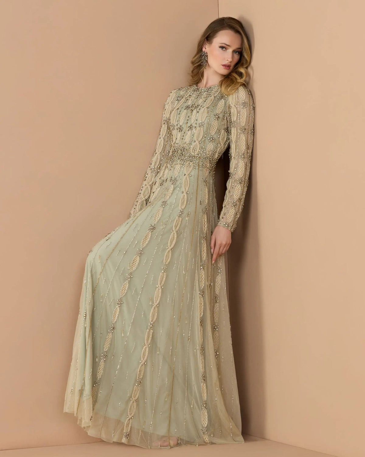 Nude Sage Embellished Long Sleeve A-Line Gown