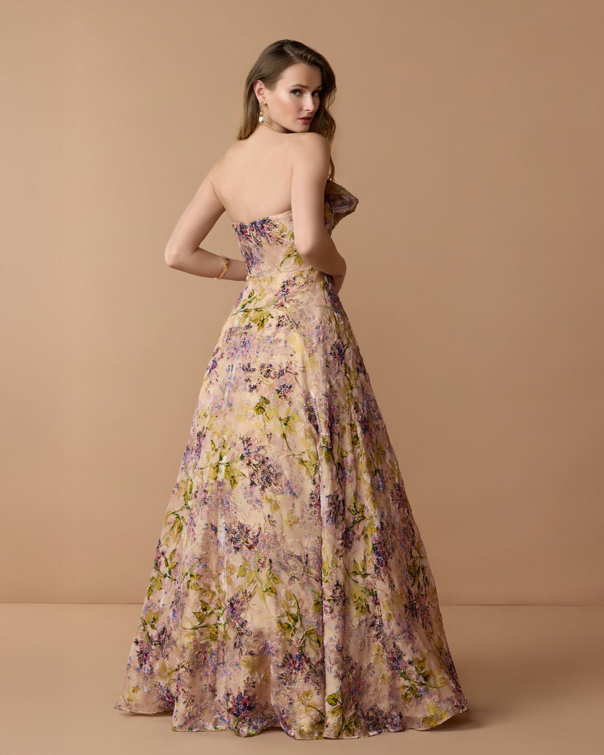 Blush Multi Strapless Floral Ball Gown With Ruffle Detail