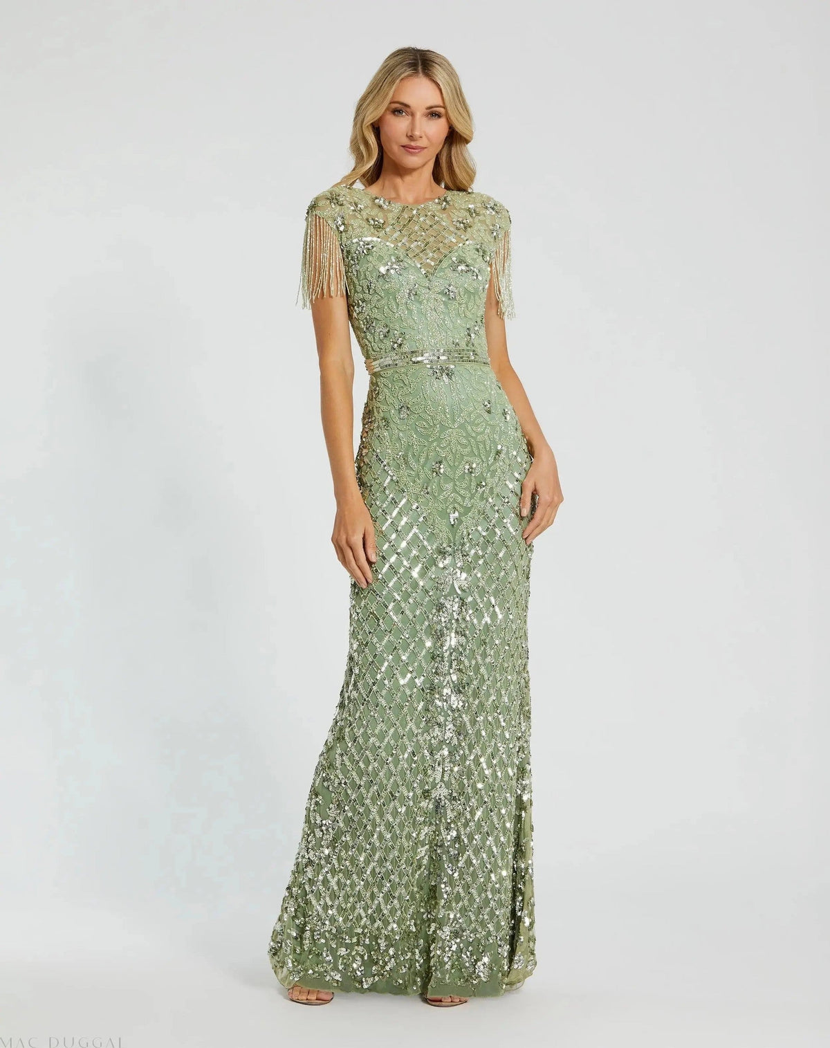 Sage High Neck Beaded Fringe Fitted Gown