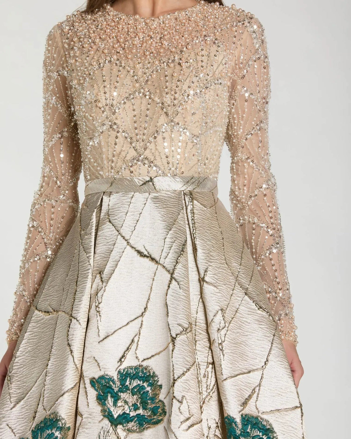 Champagne Teal Long Sleeve Embellished Floral Brocade Ball Gown