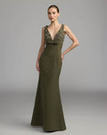 Olive Embellished Deep V-Neck Crepe Gown With Bow