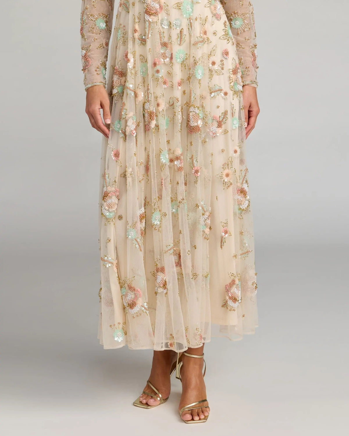 Beige Multi Floral Embellished Long Sleeve Midi Dress