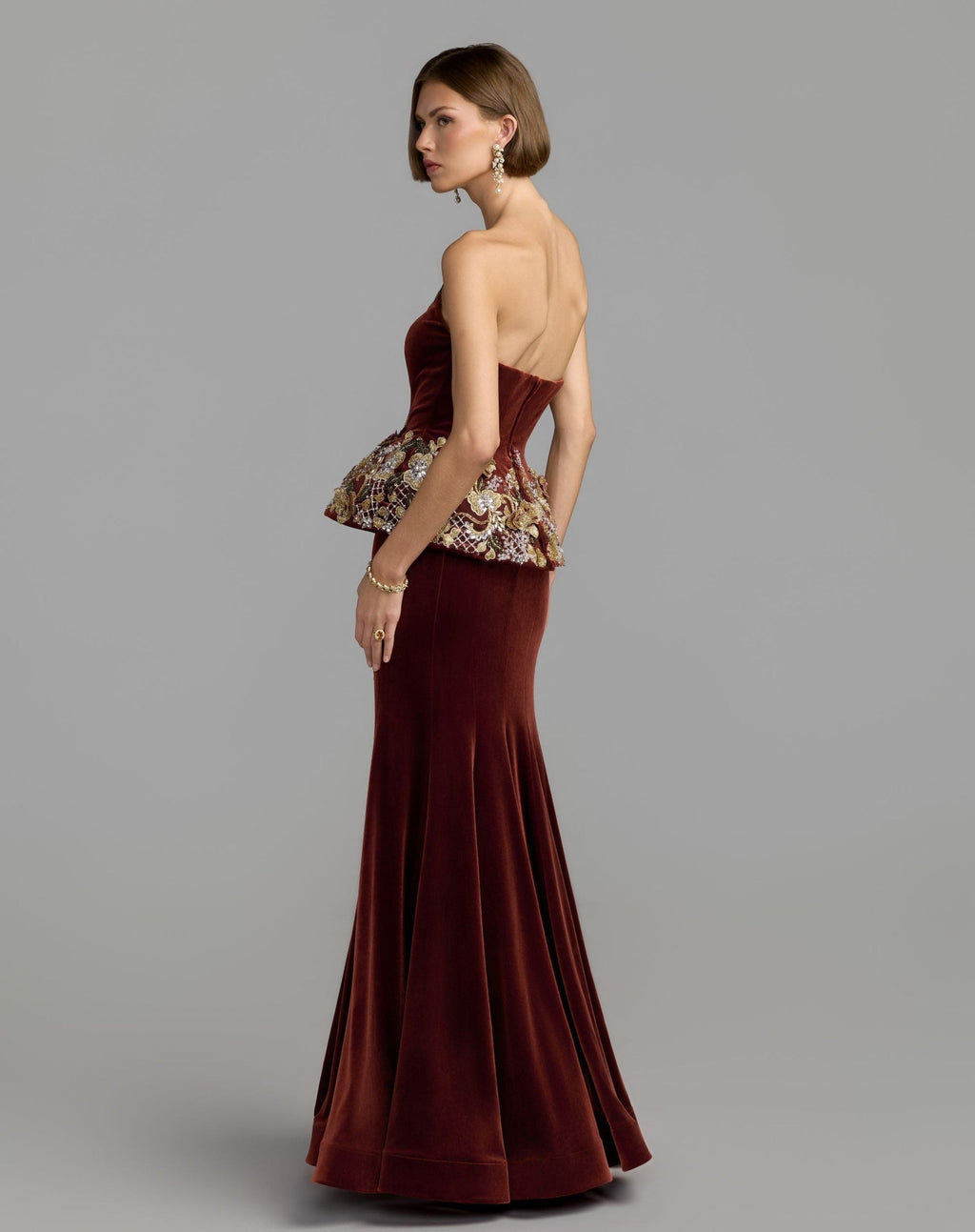 Cognac Strapless Embellished Velvet Peplum Gown
