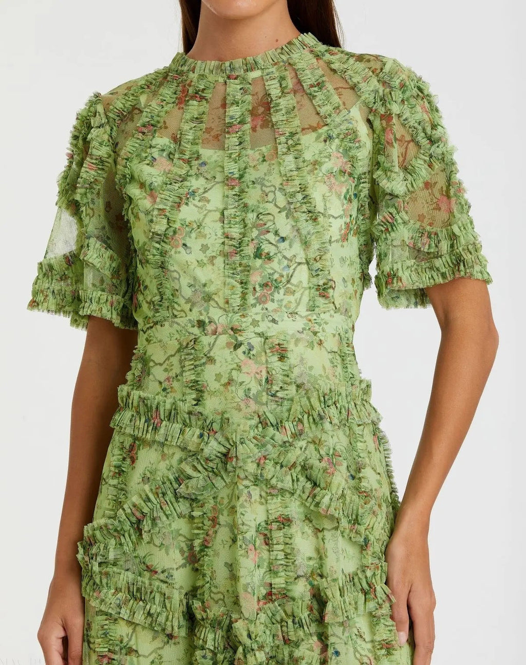Sage Multi Floral Midi Dress with Ruffle Detailing