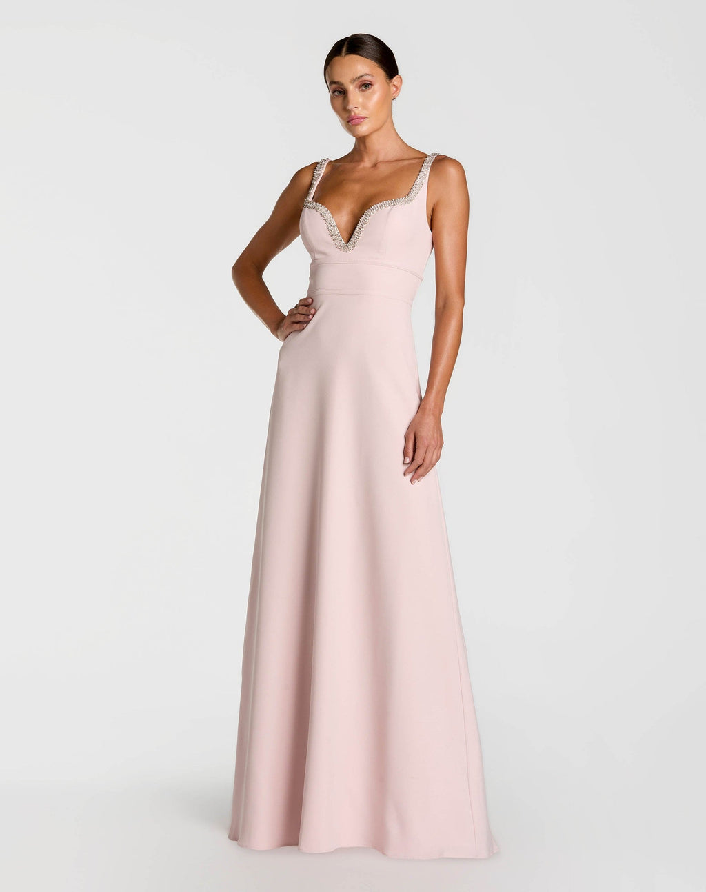 Petite Dusty Rose Crepe A-Line Gown With Rhinestone Trim