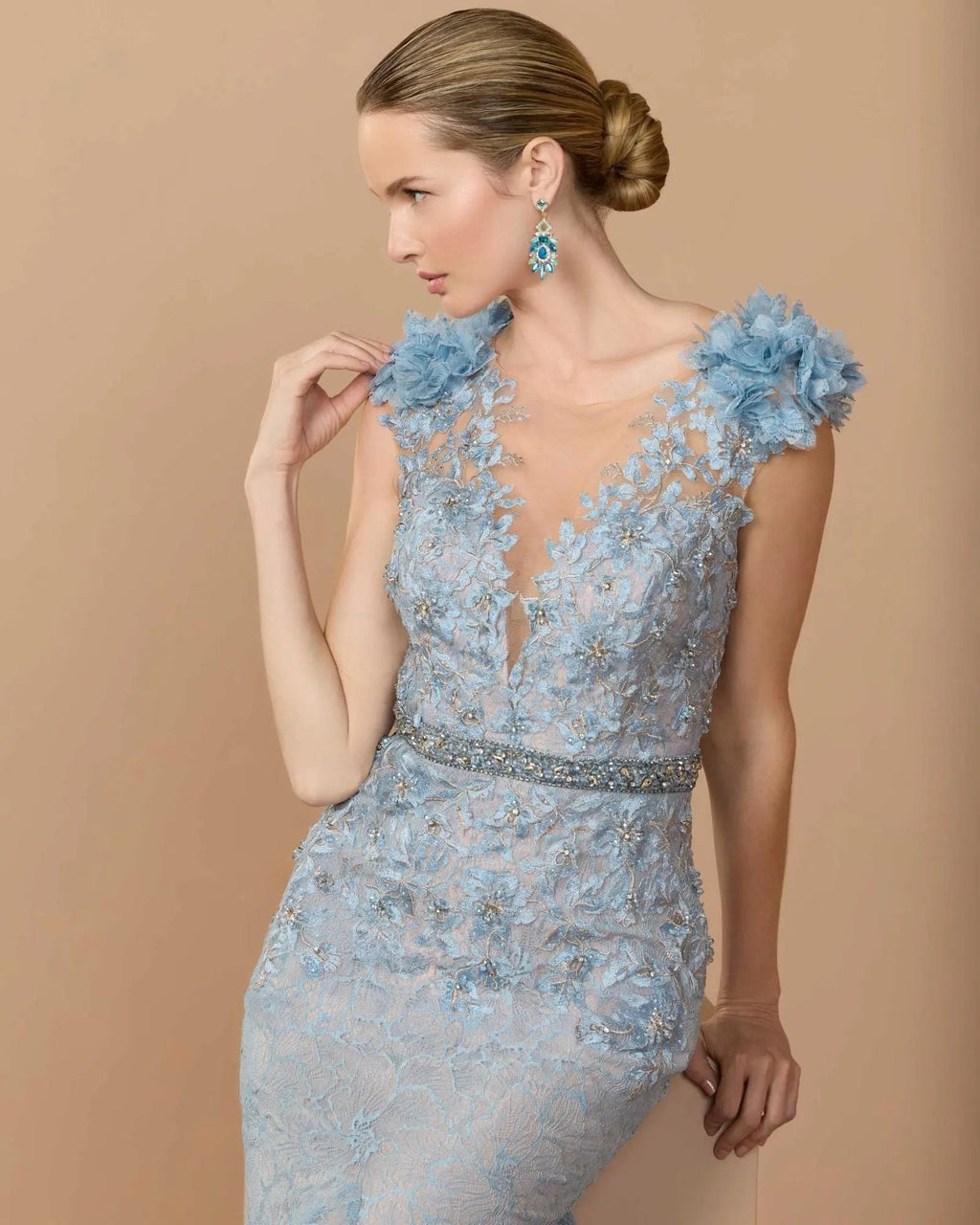 Powder Blue Embellished Lace Illusion Neck Gown With 3D Flowers