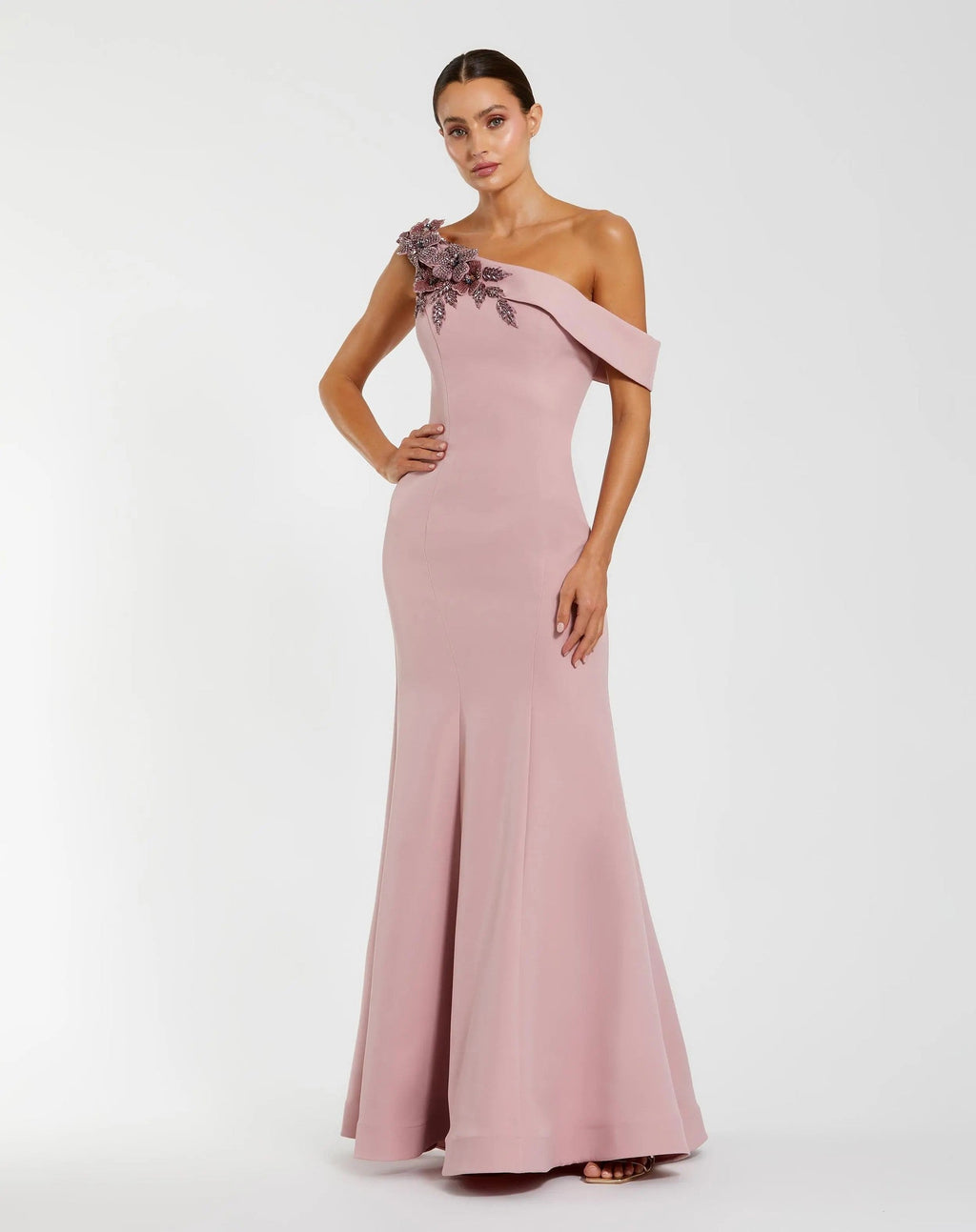 Rose One Shoulder Floral Appliqué Crepe Gown