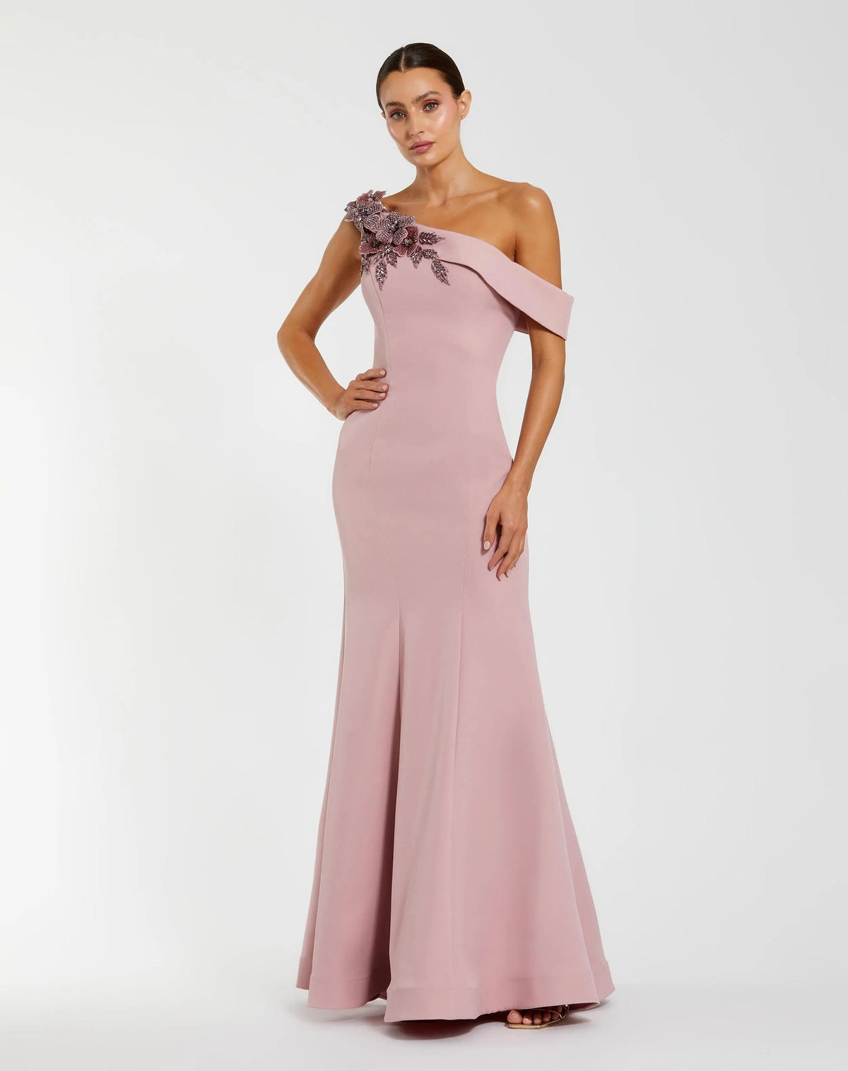 Rose One Shoulder Floral Appliqué Crepe Gown